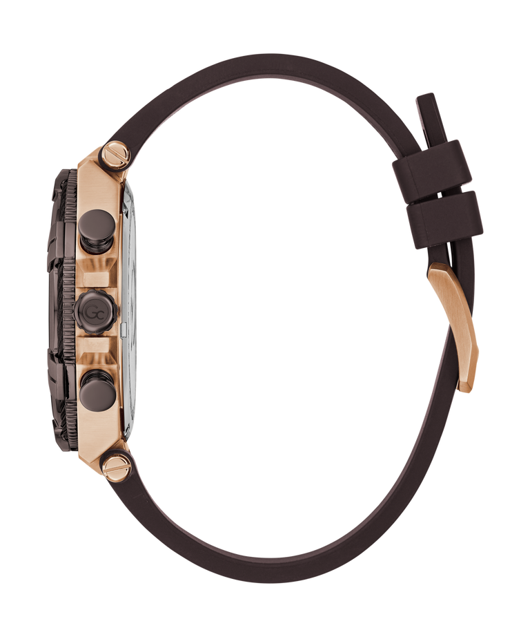 Close-up of a Gc IronForce Chrono Silicone with brown strap and gold accents on a white background
