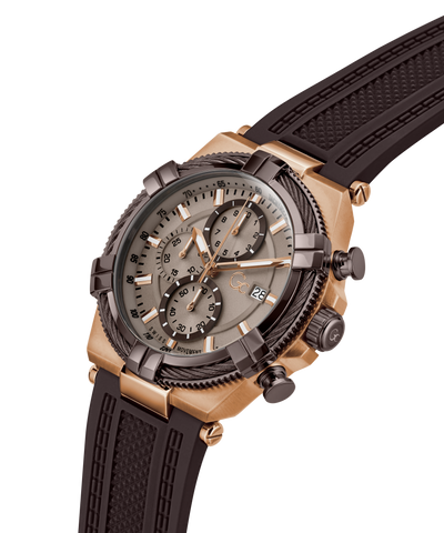 Luxury Gc IronForce Chrono Silicone with black strap and gold case on white background lifestyle