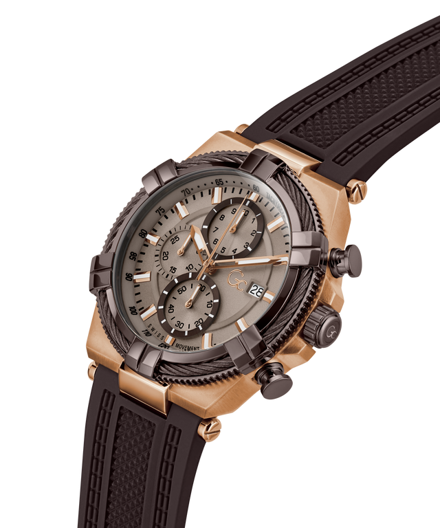 Luxury Gc IronForce Chrono Silicone with black strap and gold case on white background lifestyle