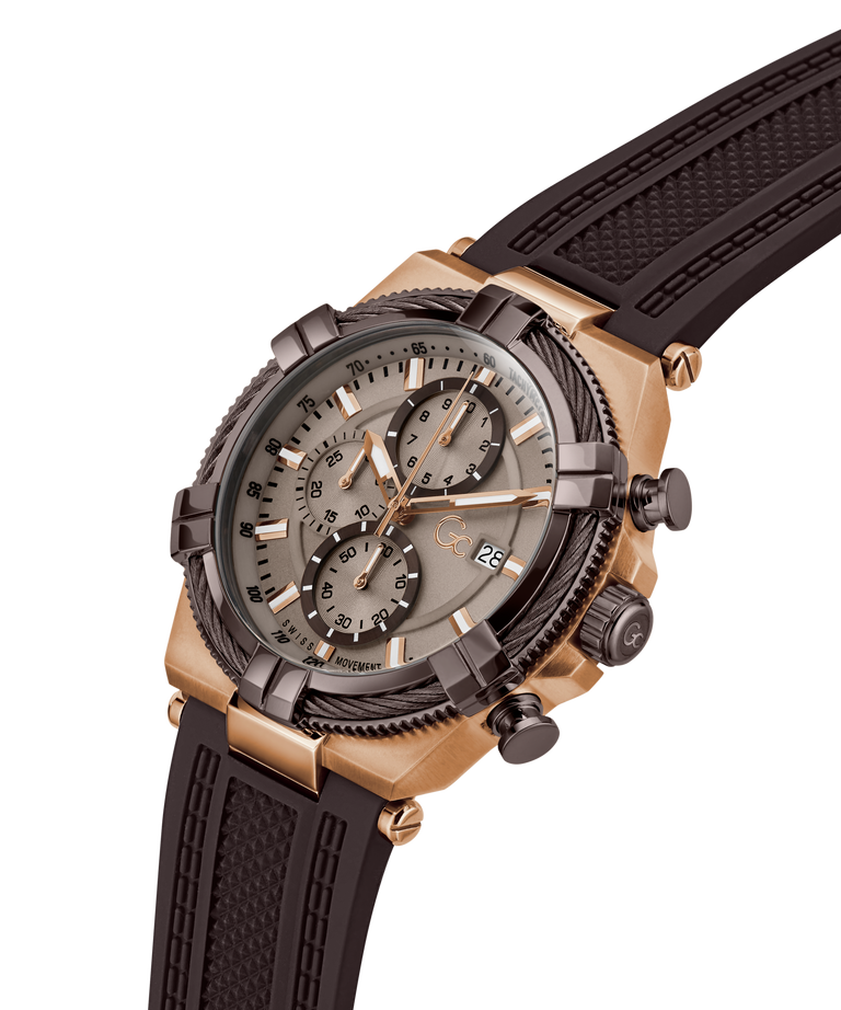 Luxury Gc IronForce Chrono Silicone with black strap and gold case on white background lifestyle
