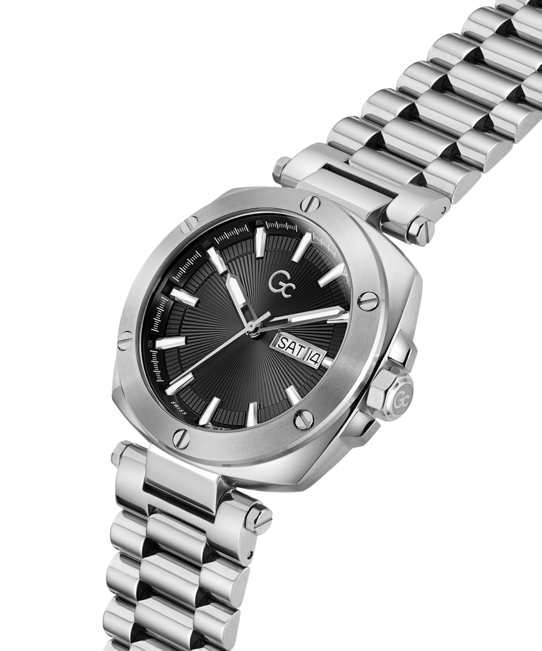 Silver Gc Nobilis Metal with a black face on a white background lifestyle