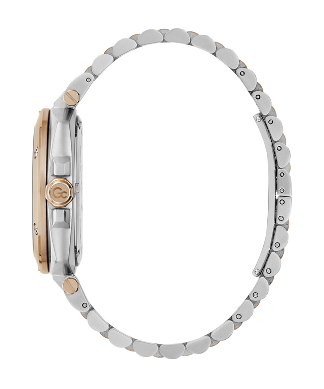 Close-up of a Gc Nobilis Metal watch with a silver and rose gold band on a white background