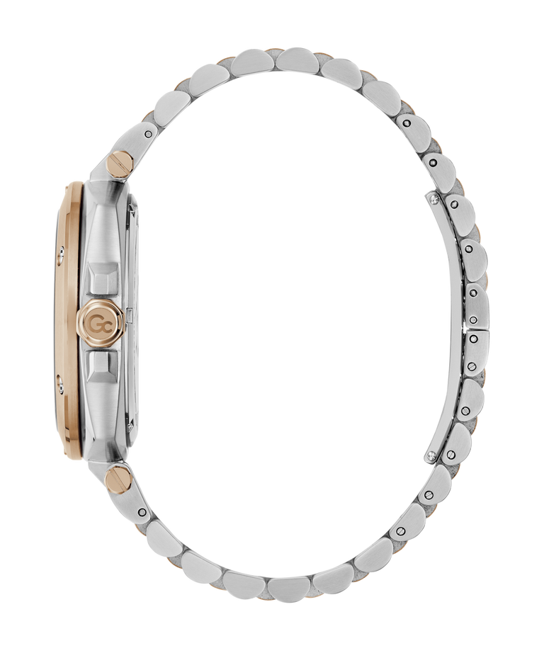Close-up of a Gc Nobilis Metal watch with a silver and rose gold band on a white background