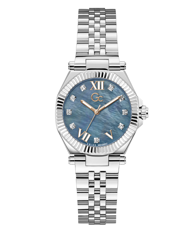 A women's stainless steel watch with a blue mother-of-pearl dial, featuring gold-tone Roman numerals, diamond accents, and a matching steel link bracelet.
