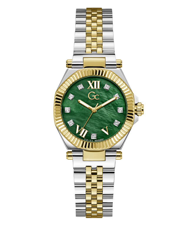 A two-tone watch with a green malachite dial, gold-tone fluted bezel and hands, and a silver-and-gold two-tone metal bracelet, shown on a plain white background.