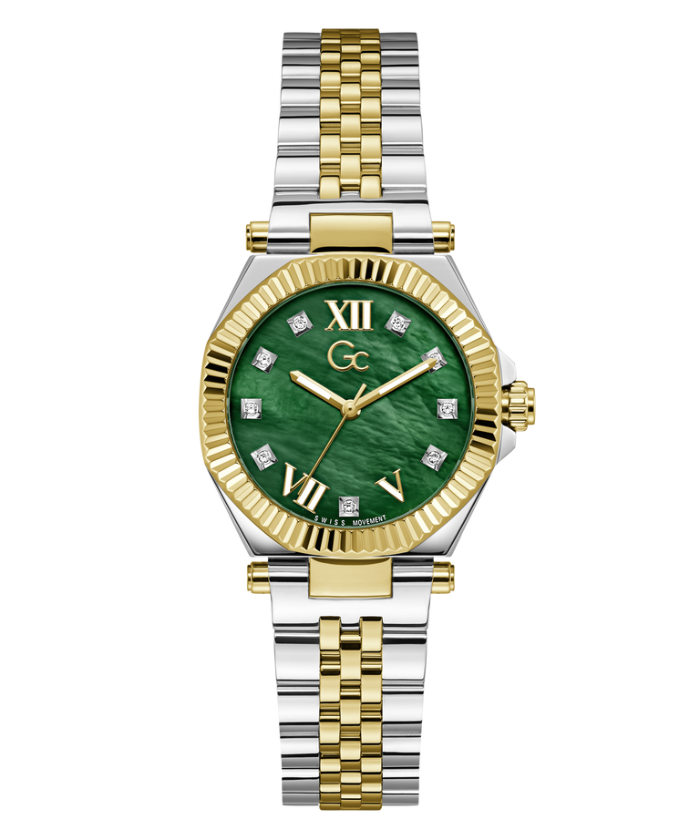 A two-tone watch with a green malachite dial, gold-tone fluted bezel and hands, and a silver-and-gold two-tone metal bracelet, shown on a plain white background.