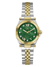 A two-tone watch with a green malachite dial, gold-tone fluted bezel and hands, and a silver-and-gold two-tone metal bracelet, shown on a plain white background.