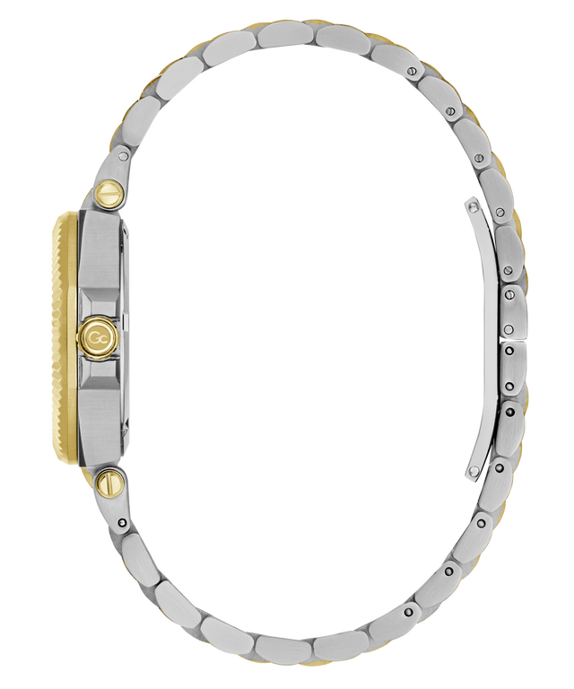A two-tone metal watch shown from the side on a plain white background, featuring a silver-toned link bracelet and a gold-toned case and crown.