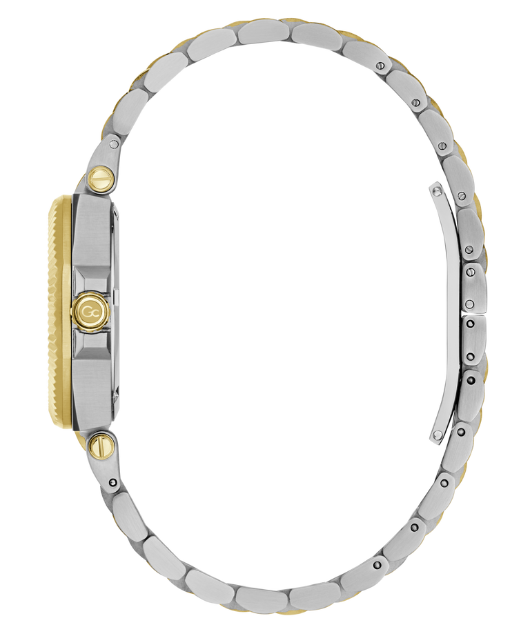 A two-tone metal watch shown from the side on a plain white background, featuring a silver-toned link bracelet and a gold-toned case and crown.