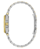 A two-tone metal watch shown from the side on a plain white background, featuring a silver-toned link bracelet and a gold-toned case and crown.