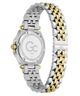 A two-tone stainless steel and gold wristwatch shown from the back, featuring a silver-toned case, white crystal, and a matching two-tone link bracelet with silver and gold segments.