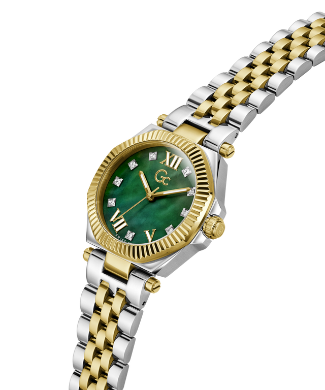 A luxury two-tone watch with a green mother-of-pearl dial, gold-tone bezel and hands, and a silver-and-gold link bracelet, shown on a clean white background. lifestyle