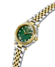 A luxury two-tone watch with a green mother-of-pearl dial, gold-tone bezel and hands, and a silver-and-gold link bracelet, shown on a clean white background. lifestyle