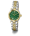 A two-tone stainless steel and gold wristwatch with a green dial, gold-tone bezel, and matching two-tone metal bracelet, shown on a clean white background.
