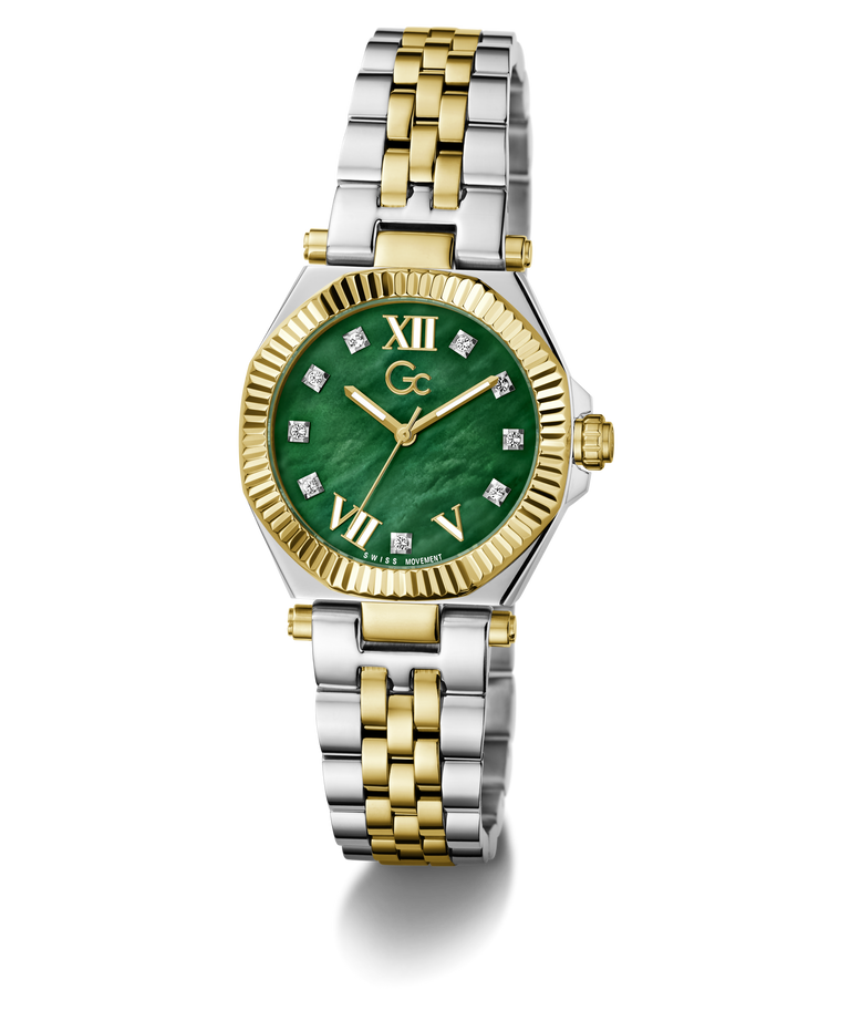 A two-tone stainless steel and gold wristwatch with a green dial, gold-tone bezel, and matching two-tone metal bracelet, shown on a clean white background.