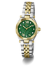 A two-tone stainless steel and gold wristwatch with a green dial, gold-tone bezel, and matching two-tone metal bracelet, shown on a clean white background.
