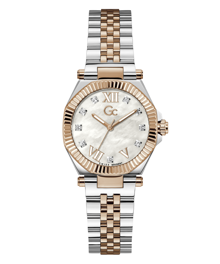 A two-tone stainless steel and rose gold watch with a white mother-of-pearl dial, crystal rhinestone hour markers, and a fluted bezel, shown on a plain white background.