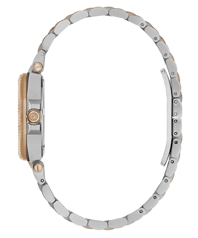 A close-up side view of a two-tone metal watch with a silver-toned link bracelet and a gold-toned case and crown, set against a plain white background.