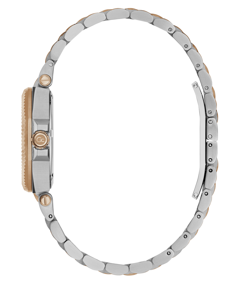 A close-up side view of a two-tone metal watch with a silver-toned link bracelet and a gold-toned case and crown, set against a plain white background.