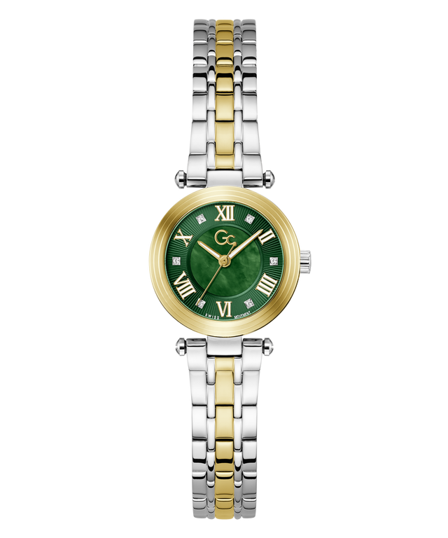 A women's two-tone stainless steel and gold watch with a green dial and Roman numeral hour markers, shown on a plain white background.