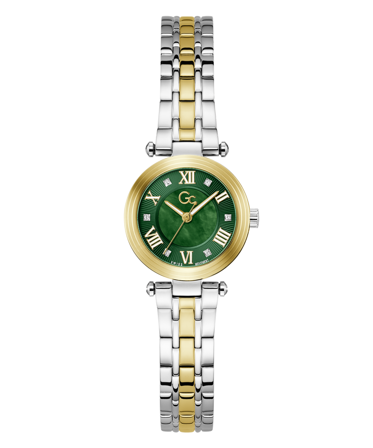 A women's two-tone stainless steel and gold watch with a green dial and Roman numeral hour markers, shown on a plain white background.