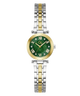 A women's two-tone stainless steel and gold watch with a green dial and Roman numeral hour markers, shown on a plain white background.