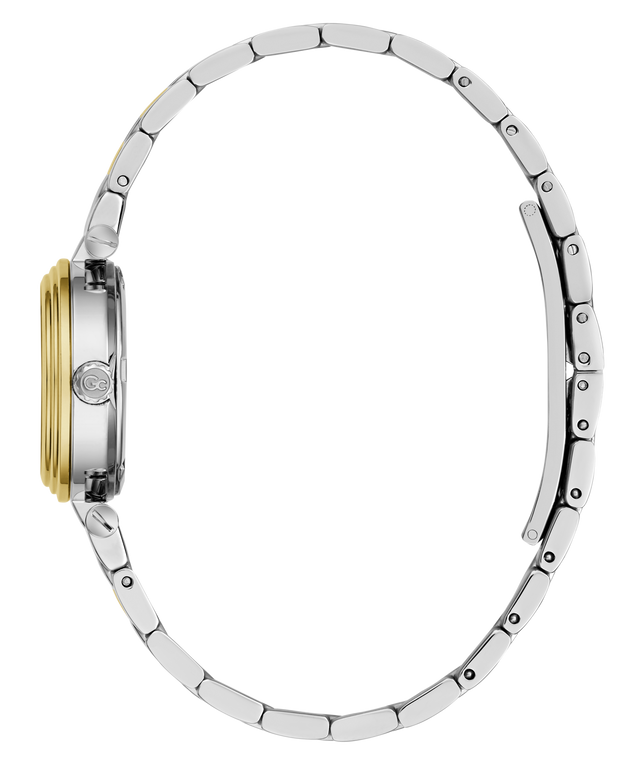 A side profile view of a two-tone stainless steel and yellow gold watch with a matching metal link bracelet, set against a plain white background.