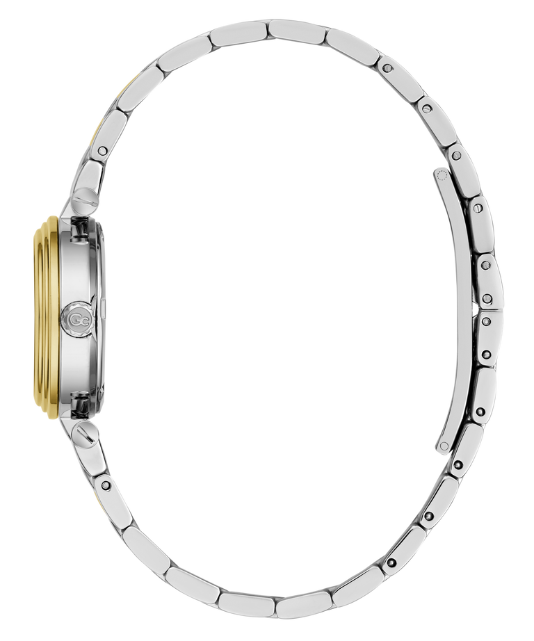 A side profile view of a two-tone stainless steel and yellow gold watch with a matching metal link bracelet, set against a plain white background.