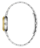 A side profile view of a two-tone stainless steel and yellow gold watch with a matching metal link bracelet, set against a plain white background.