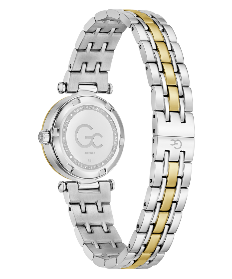 A women's two-tone stainless steel watch with a gold-plated center links, shown from the back of the case. The silver-tone case back features a monogram logo 'GC' and 'GEMMA' printed on it, set against a clean white background.