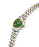 A women's two-tone watch with a green dial, gold-tone bezel and hands, and a silver-and-gold two-tone stainless steel link bracelet, shown on a plain white background. lifestyle