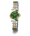A women's two-tone stainless steel and gold watch with a green dial and Roman numeral hour markers, shown on a clean white background.