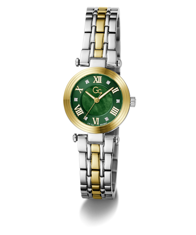 A women's two-tone stainless steel and gold watch with a green dial and Roman numeral hour markers, shown on a clean white background.