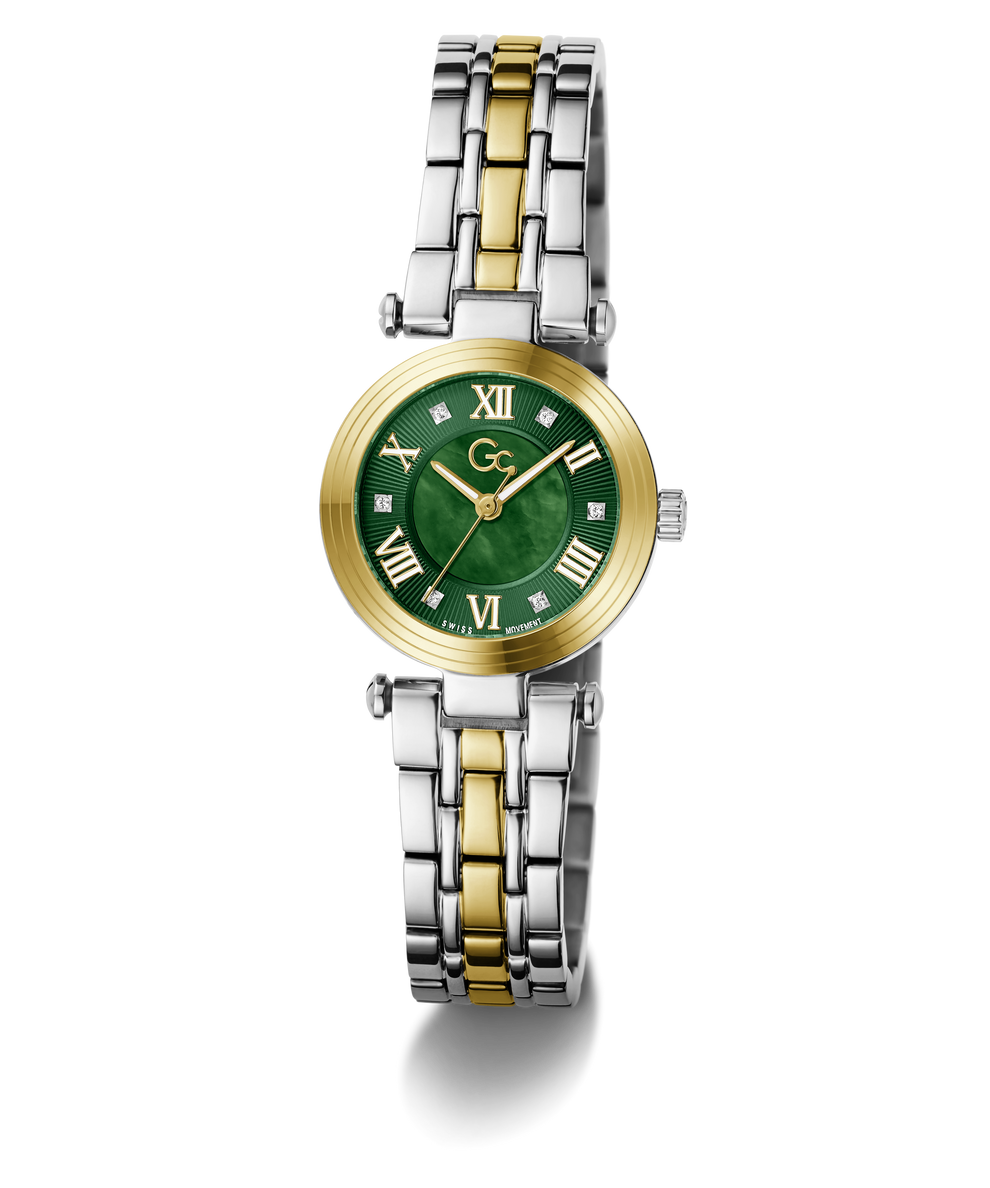 A women's two-tone stainless steel and gold watch with a green dial and Roman numeral hour markers, shown on a clean white background.