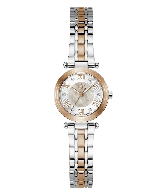 A women's two-tone stainless steel and rose gold watch with a mother-of-pearl dial, Roman numeral hour markers, and a matching two-tone link bracelet, shown on a plain white background.