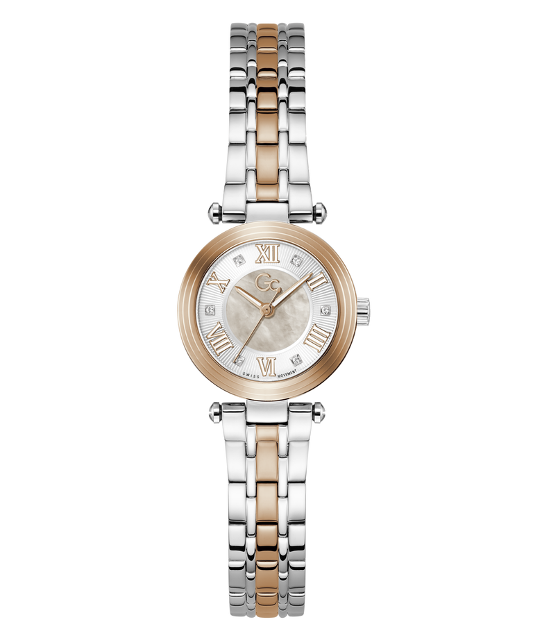 A women's two-tone stainless steel and rose gold watch with a mother-of-pearl dial, Roman numeral hour markers, and a matching two-tone link bracelet, shown on a plain white background.
