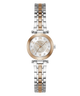 A women's two-tone stainless steel and rose gold watch with a mother-of-pearl dial, Roman numeral hour markers, and a matching two-tone link bracelet, shown on a plain white background.