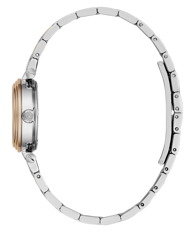 A side profile view of a women's watch with a two-tone stainless steel and rose gold link bracelet, shown against a solid white background.