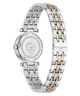 A women's stainless steel watch with a two-tone silver and rose gold link bracelet, shown from the back of the case. The dial is silver with a large 'GC' logo in the center, and the back case features a rose gold accent ring.