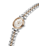 A women's two-tone stainless steel and rose gold watch with a mother-of-pearl dial, shown on a clean white background. lifestyle