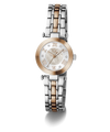 A two-tone stainless steel and rose gold watch with a mother-of-pearl dial, Roman numeral hour markers, and a matching two-tone link bracelet, shown against a plain white background.