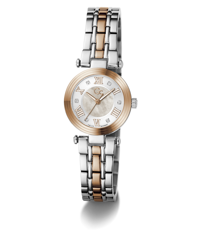 A two-tone stainless steel and rose gold watch with a mother-of-pearl dial, Roman numeral hour markers, and a matching two-tone link bracelet, shown against a plain white background.