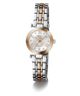 A two-tone stainless steel and rose gold watch with a mother-of-pearl dial, Roman numeral hour markers, and a matching two-tone link bracelet, shown against a plain white background.