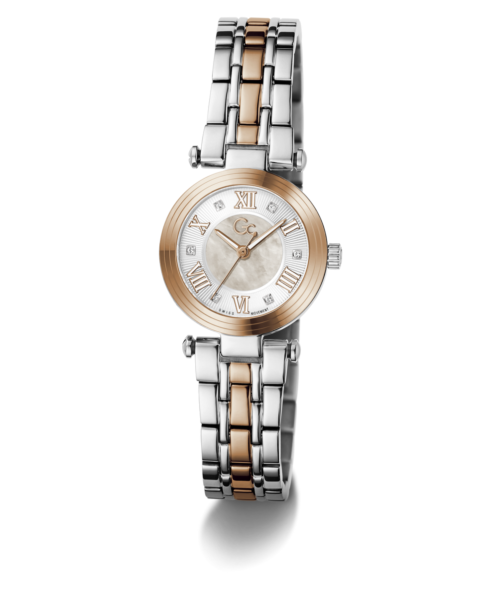 A two-tone stainless steel and rose gold watch with a mother-of-pearl dial, Roman numeral hour markers, and a matching two-tone link bracelet, shown against a plain white background.