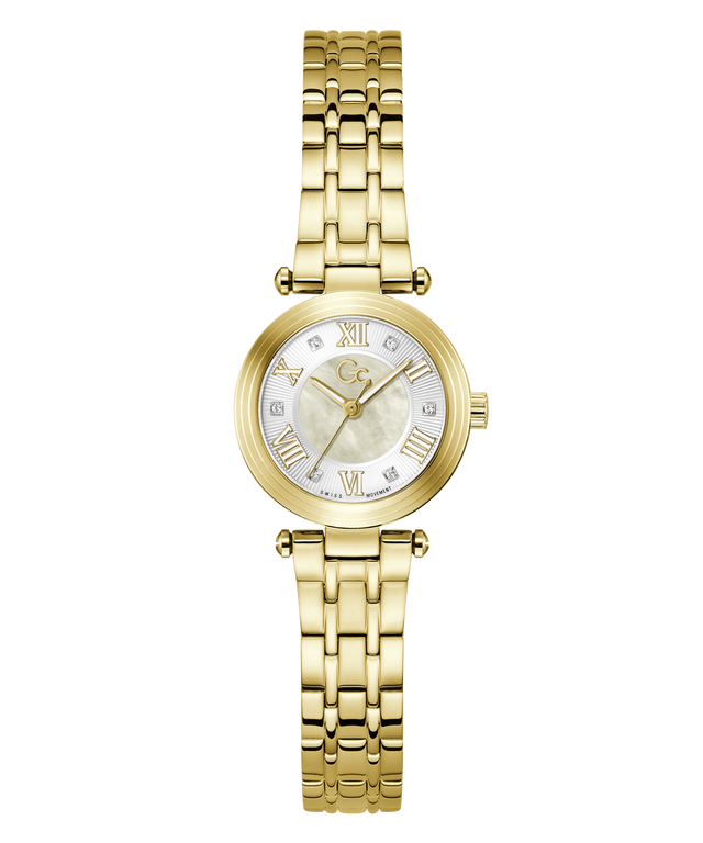 A gold-tone women's watch with a round bezel, a white mother-of-pearl dial featuring gold Roman numerals and a central 'CG' logo, and a matching gold-tone link bracelet.