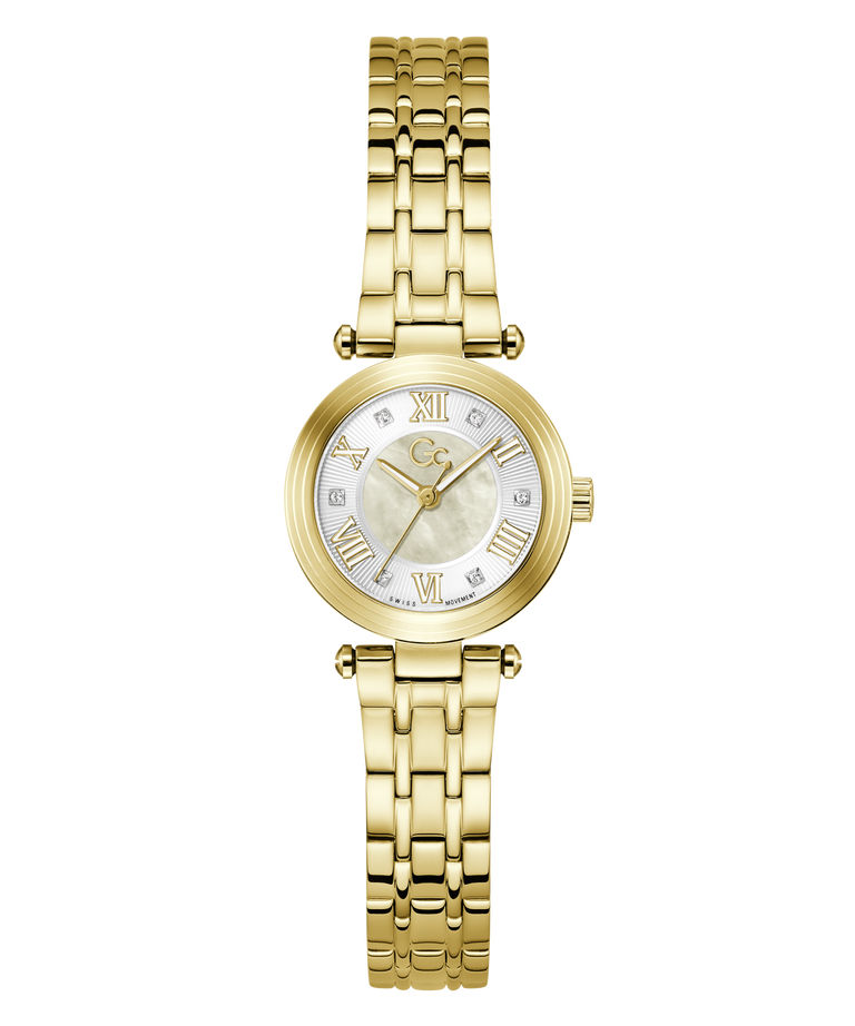 A gold-tone women's watch with a round bezel, a white mother-of-pearl dial featuring gold Roman numerals and a central 'CG' logo, and a matching gold-tone link bracelet.