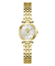 A gold-tone women's watch with a round bezel, a white mother-of-pearl dial featuring gold Roman numerals and a central 'CG' logo, and a matching gold-tone link bracelet.
