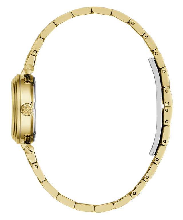 A close-up side profile of a gold-tone metal link bracelet watch on a plain white background.