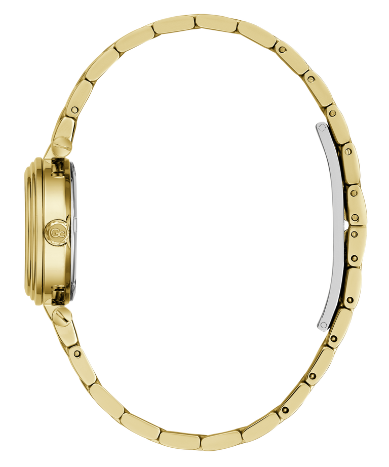 A close-up side profile of a gold-tone metal link bracelet watch on a plain white background.