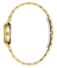 A close-up side profile of a gold-tone metal link bracelet watch on a plain white background.